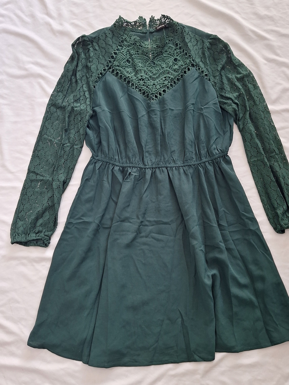 Shein Dark Green Lace-Bodice Long-Sleeve Mini Dress - Picture 2 of 8